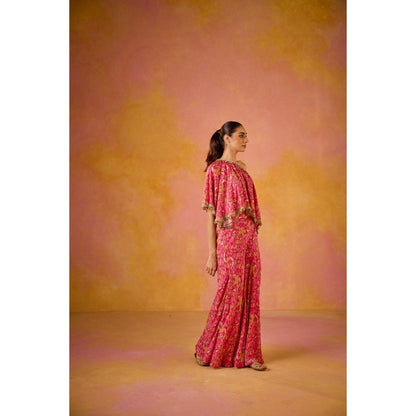 Old Marigold Amayra Hot Pink Muslin One-Shoulder Top with Flared Sharara (Set of 2)