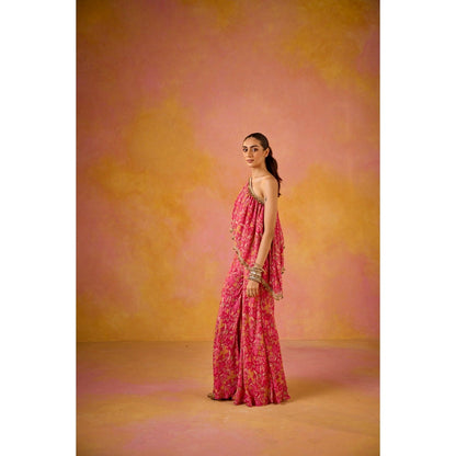 Old Marigold Amayra Hot Pink Muslin One-Shoulder Top with Flared Sharara (Set of 2)