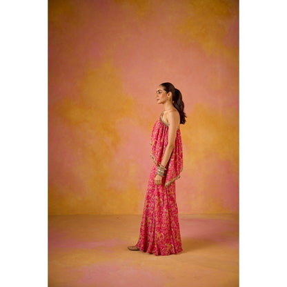 Old Marigold Amayra Hot Pink Muslin One-Shoulder Top with Flared Sharara (Set of 2)