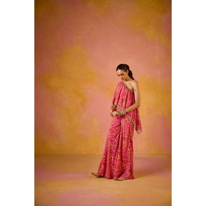 Old Marigold Amayra Hot Pink Muslin One-Shoulder Top with Flared Sharara (Set of 2)