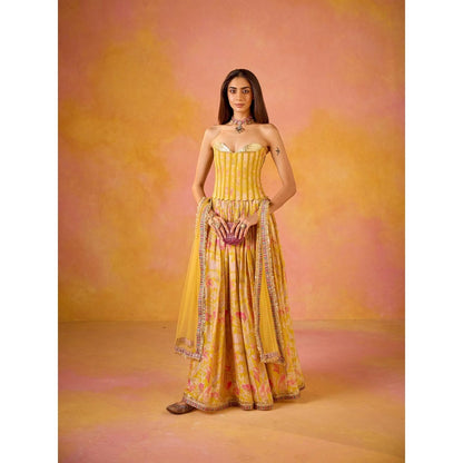 Old Marigold Anaya Yellow Sequined Corset and Muslin Lehenga with Dupatta (Set of 3)
