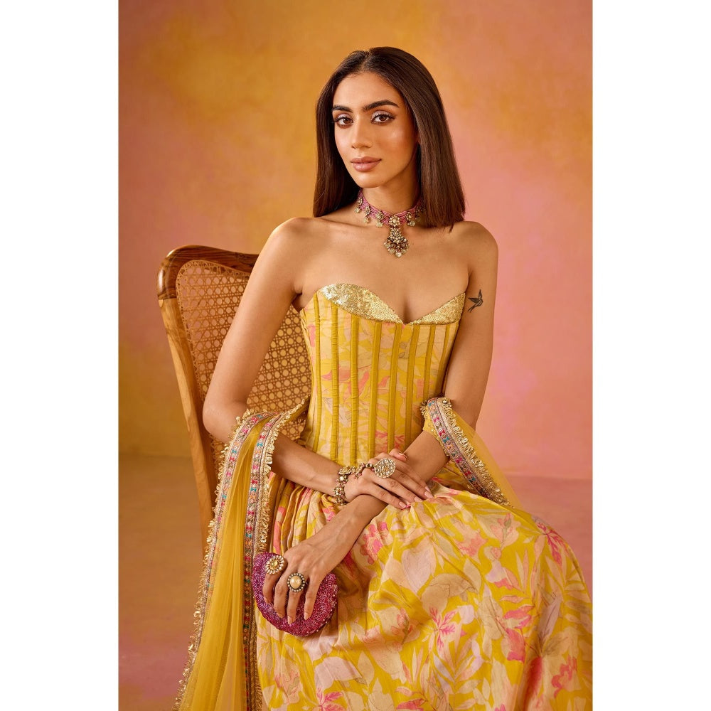 Old Marigold Anaya Yellow Sequined Corset and Muslin Lehenga with Dupatta (Set of 3)