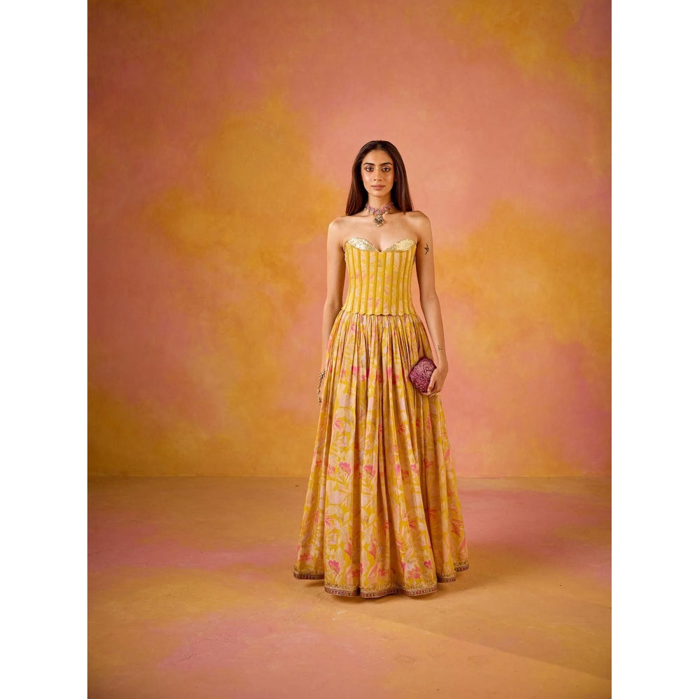 Old Marigold Anaya Yellow Sequined Corset and Muslin Lehenga with Dupatta (Set of 3)