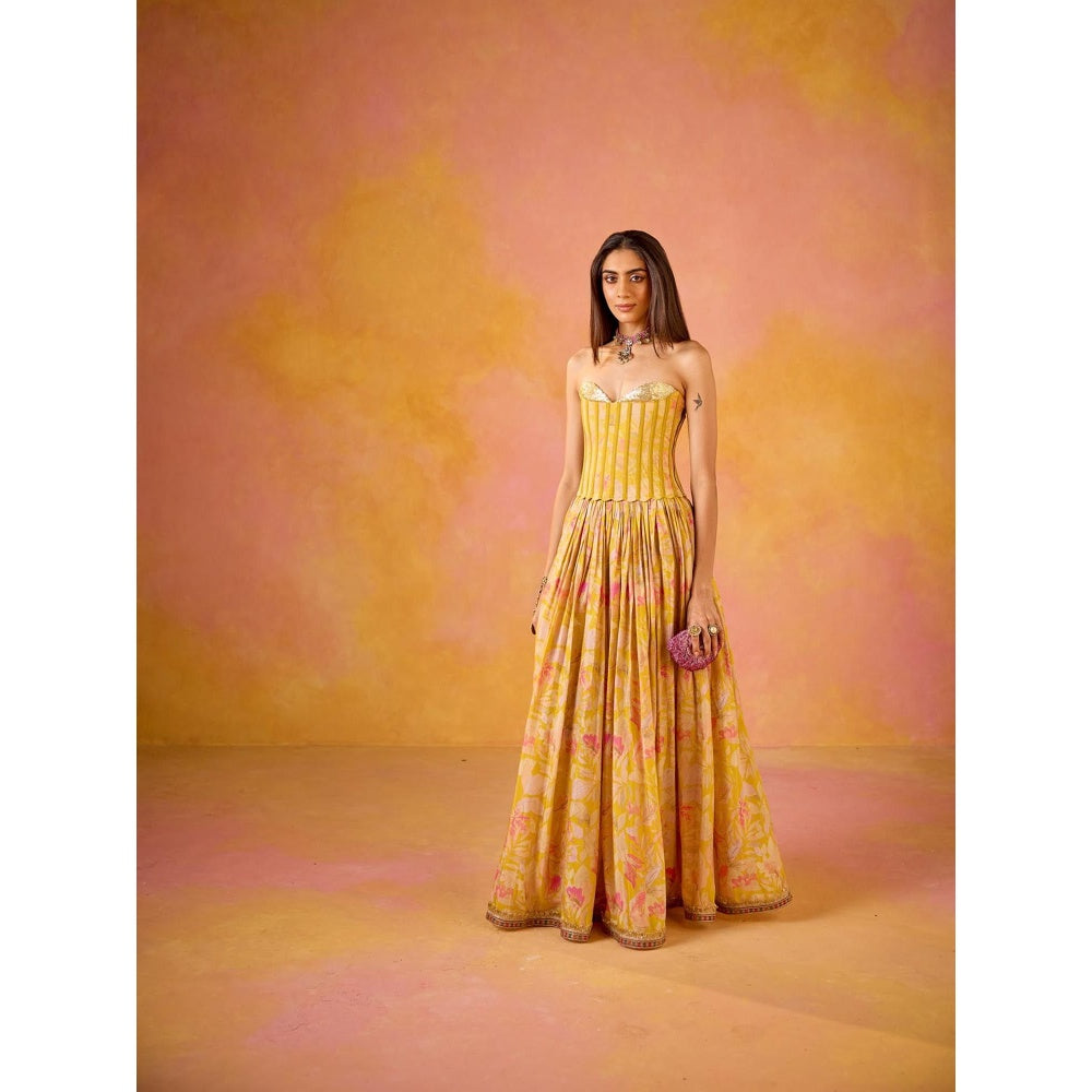 Old Marigold Anaya Yellow Sequined Corset and Muslin Lehenga with Dupatta (Set of 3)