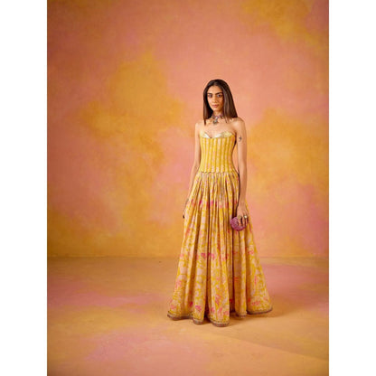 Old Marigold Anaya Yellow Sequined Corset and Muslin Lehenga with Dupatta (Set of 3)