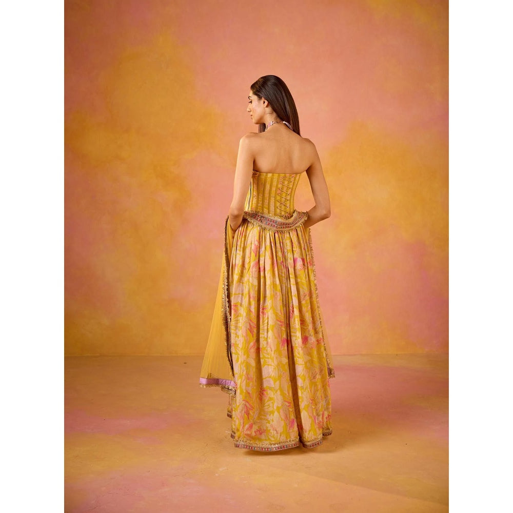 Old Marigold Anaya Yellow Sequined Corset and Muslin Lehenga with Dupatta (Set of 3)