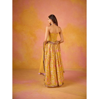Old Marigold Anaya Yellow Sequined Corset and Muslin Lehenga with Dupatta (Set of 3)