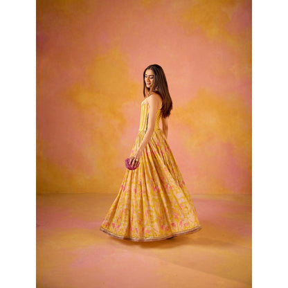Old Marigold Anaya Yellow Sequined Corset and Muslin Lehenga with Dupatta (Set of 3)