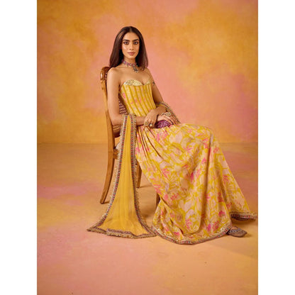 Old Marigold Anaya Yellow Sequined Corset and Muslin Lehenga with Dupatta (Set of 3)