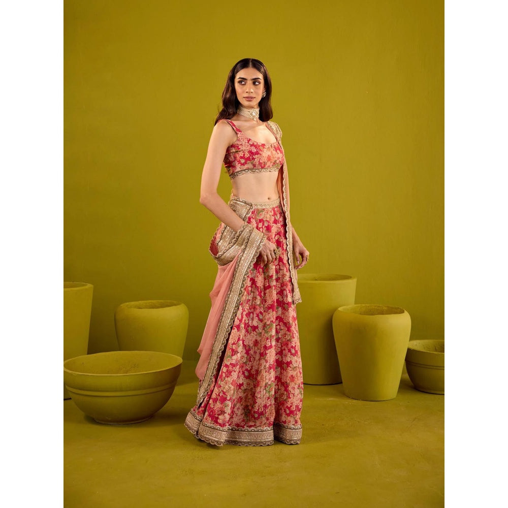 Old Marigold Red Scarlett Floral Printed Tissue Lehenga with Blouse and Dupatta (Set of 3)
