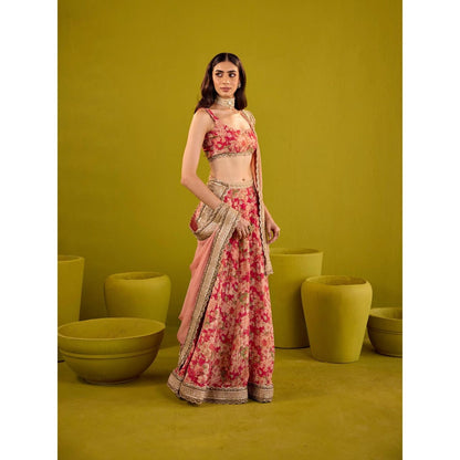 Old Marigold Red Scarlett Floral Printed Tissue Lehenga with Blouse and Dupatta (Set of 3)