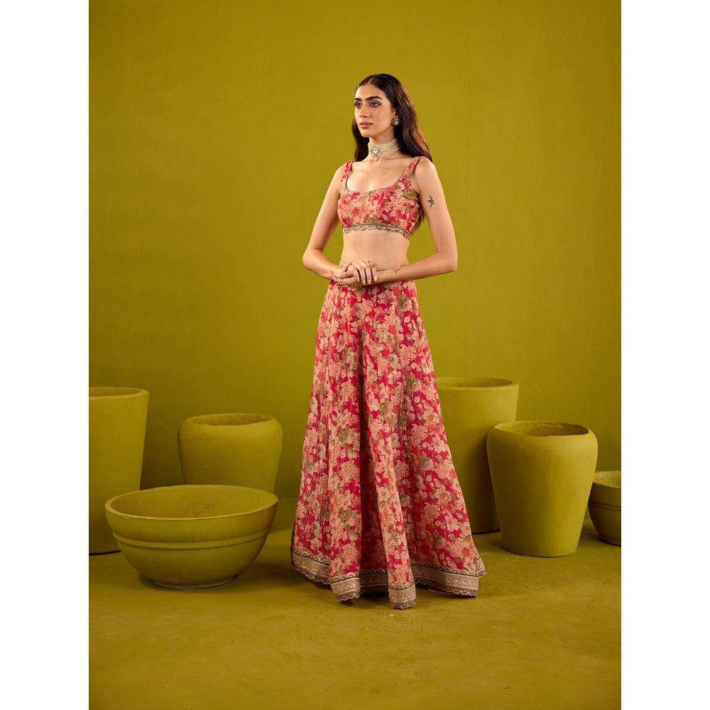 Old Marigold Red Scarlett Floral Printed Tissue Lehenga with Blouse and Dupatta (Set of 3)
