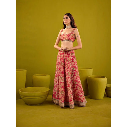 Old Marigold Red Scarlett Floral Printed Tissue Lehenga with Blouse and Dupatta (Set of 3)