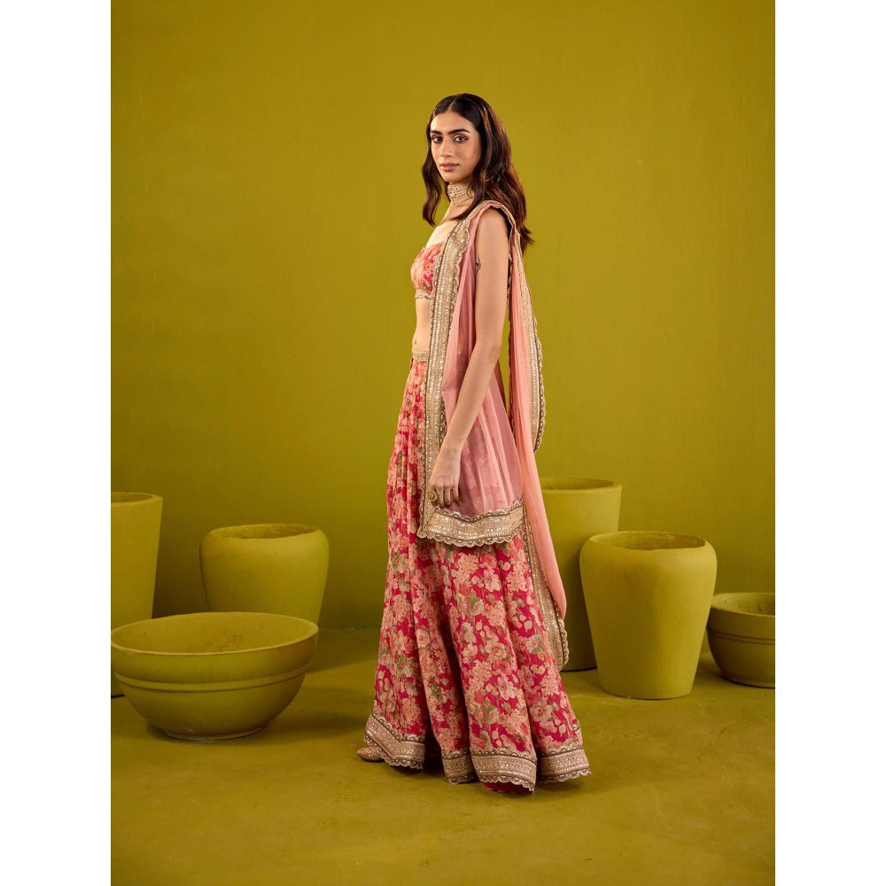 Old Marigold Red Scarlett Floral Printed Tissue Lehenga with Blouse and Dupatta (Set of 3)