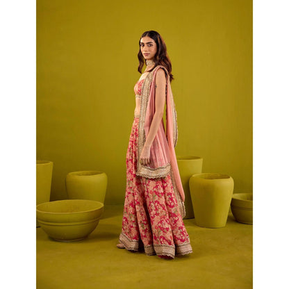 Old Marigold Red Scarlett Floral Printed Tissue Lehenga with Blouse and Dupatta (Set of 3)