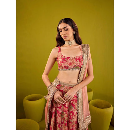 Old Marigold Red Scarlett Floral Printed Tissue Lehenga with Blouse and Dupatta (Set of 3)