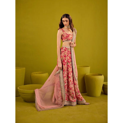 Old Marigold Red Scarlett Floral Printed Tissue Lehenga with Blouse and Dupatta (Set of 3)