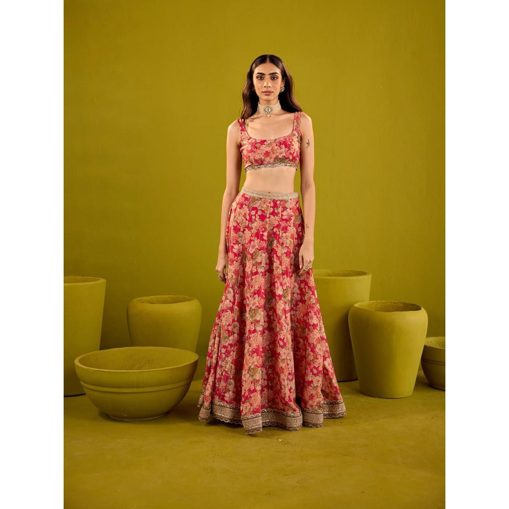 Old Marigold Red Scarlett Floral Printed Tissue Lehenga with Blouse and Dupatta (Set of 3)
