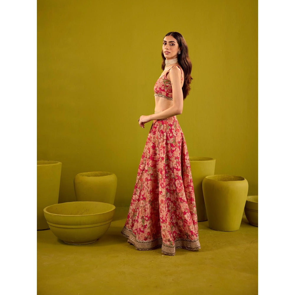 Old Marigold Red Scarlett Floral Printed Tissue Lehenga with Blouse and Dupatta (Set of 3)