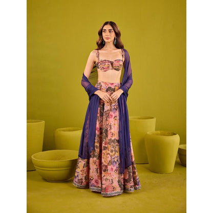 Old Marigold Hina Pink & Violet Tissue Lehenga with Blouse and Dupatta (Set of 3)