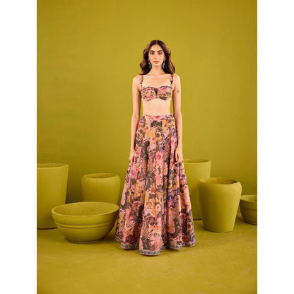 Old Marigold Hina Pink & Violet Tissue Lehenga with Blouse and Dupatta (Set of 3)