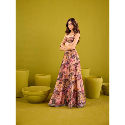 Old Marigold Hina Pink & Violet Tissue Lehenga with Blouse and Dupatta (Set of 3)