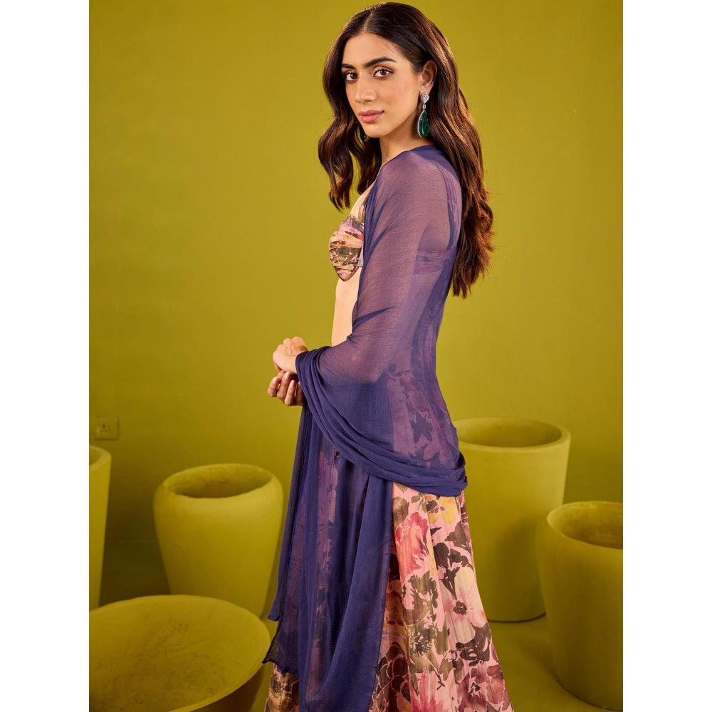 Old Marigold Hina Pink & Violet Tissue Lehenga with Blouse and Dupatta (Set of 3)