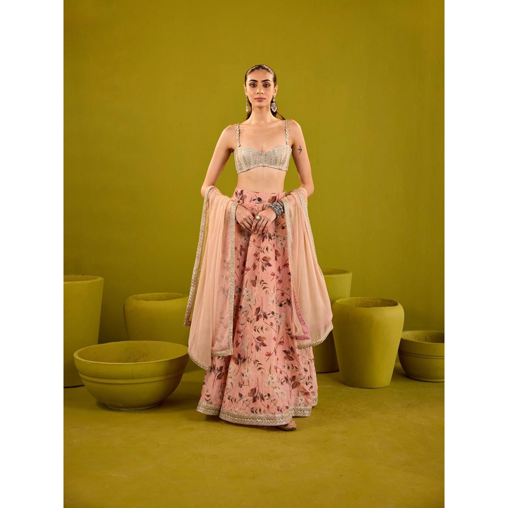 Old Marigold Keisha Peach & Silver Embroidered Lehenga with Blouse and Dupatta (Set of 3)