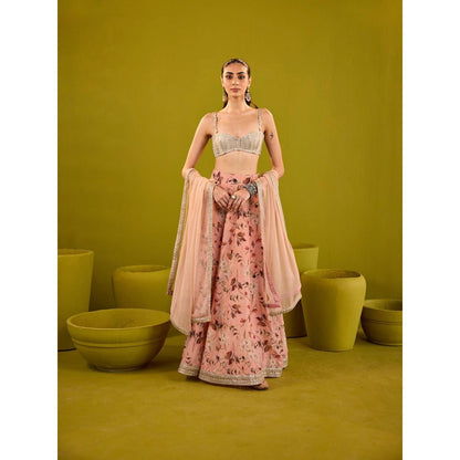 Old Marigold Keisha Peach & Silver Embroidered Lehenga with Blouse and Dupatta (Set of 3)