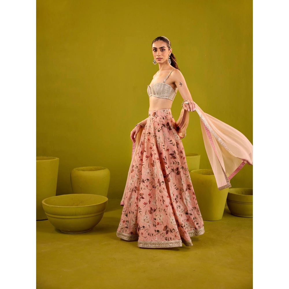 Old Marigold Keisha Peach & Silver Embroidered Lehenga with Blouse and Dupatta (Set of 3)