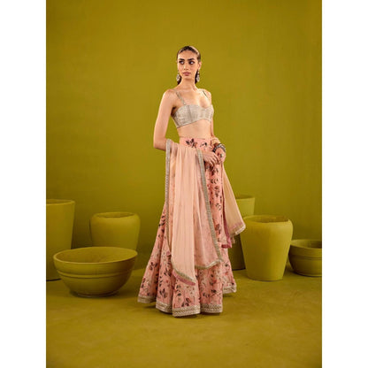 Old Marigold Keisha Peach & Silver Embroidered Lehenga with Blouse and Dupatta (Set of 3)