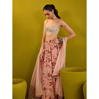 Old Marigold Keisha Peach & Silver Embroidered Lehenga with Blouse and Dupatta (Set of 3)