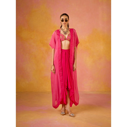 Old Marigold Zeba Hot Pink Embroidered Blouse & Crepe Skirt with Cape (Set of 3)
