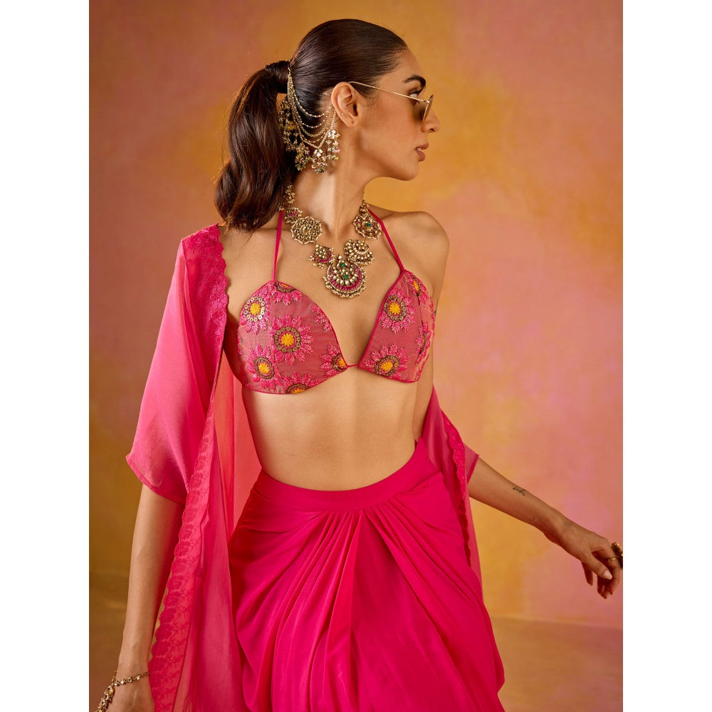 Old Marigold Zeba Hot Pink Embroidered Blouse & Crepe Skirt with Cape (Set of 3)