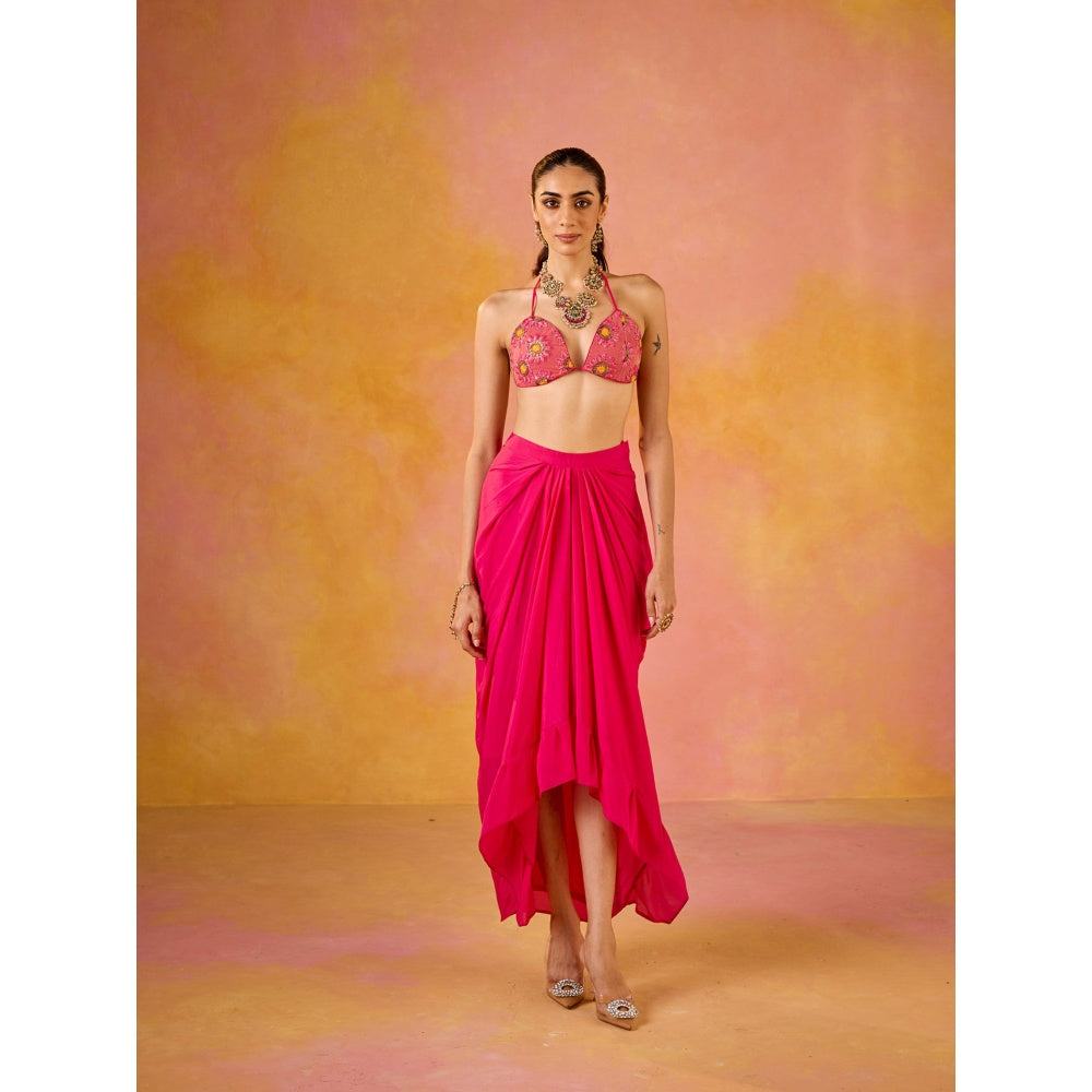Old Marigold Zeba Hot Pink Embroidered Blouse & Crepe Skirt with Cape (Set of 3)