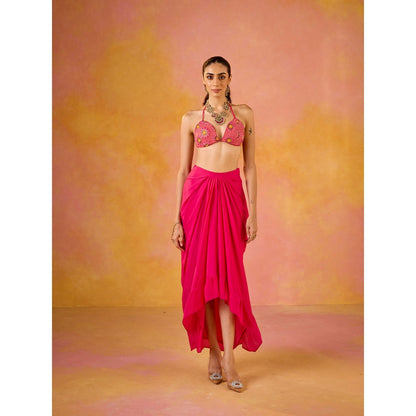 Old Marigold Zeba Hot Pink Embroidered Blouse & Crepe Skirt with Cape (Set of 3)