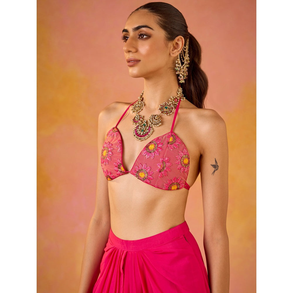 Old Marigold Zeba Hot Pink Embroidered Blouse & Crepe Skirt with Cape (Set of 3)