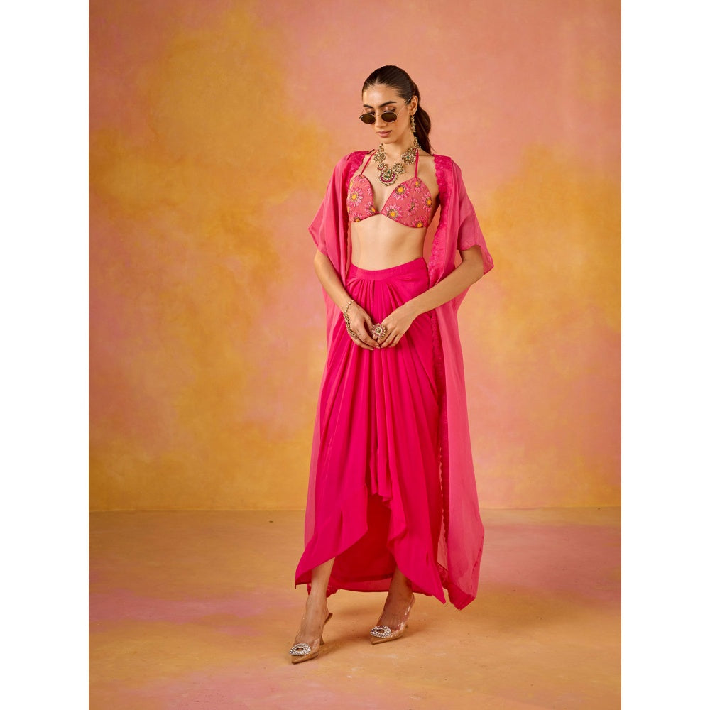 Old Marigold Zeba Hot Pink Embroidered Blouse & Crepe Skirt with Cape (Set of 3)