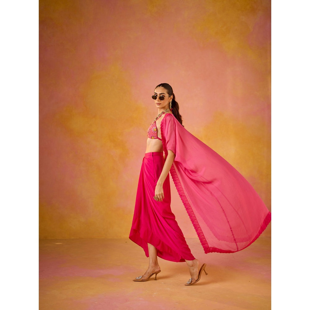 Old Marigold Zeba Hot Pink Embroidered Blouse & Crepe Skirt with Cape (Set of 3)