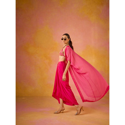 Old Marigold Zeba Hot Pink Embroidered Blouse & Crepe Skirt with Cape (Set of 3)