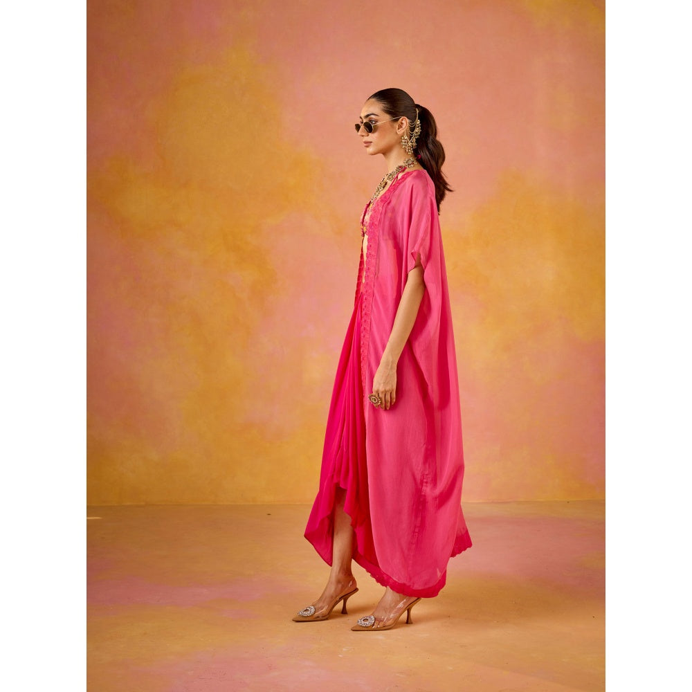 Old Marigold Zeba Hot Pink Embroidered Blouse & Crepe Skirt with Cape (Set of 3)