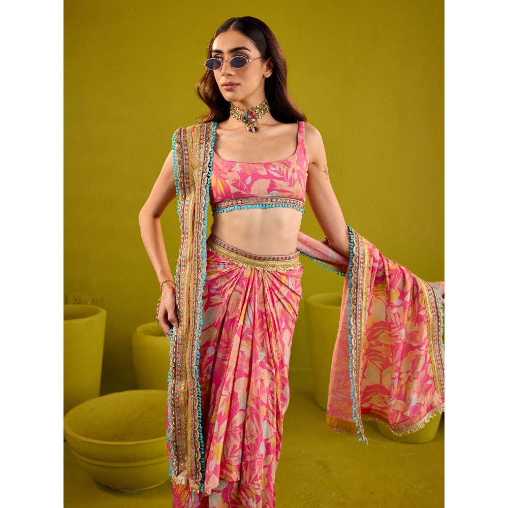 Old Marigold Zareena Pink Muslin Blouse and Skirt with Dupatta (Set of 3)