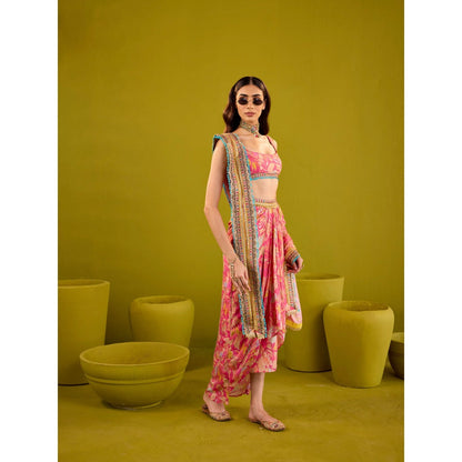 Old Marigold Zareena Pink Muslin Blouse and Skirt with Dupatta (Set of 3)