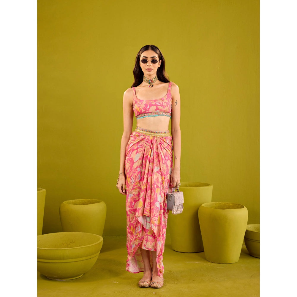 Old Marigold Zareena Pink Muslin Blouse and Skirt with Dupatta (Set of 3)