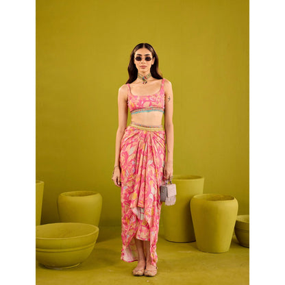 Old Marigold Zareena Pink Muslin Blouse and Skirt with Dupatta (Set of 3)