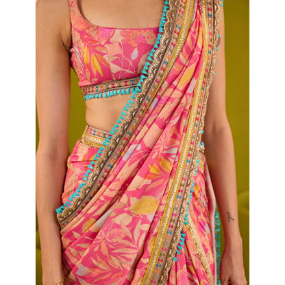 Old Marigold Zareena Pink Muslin Blouse and Skirt with Dupatta (Set of 3)