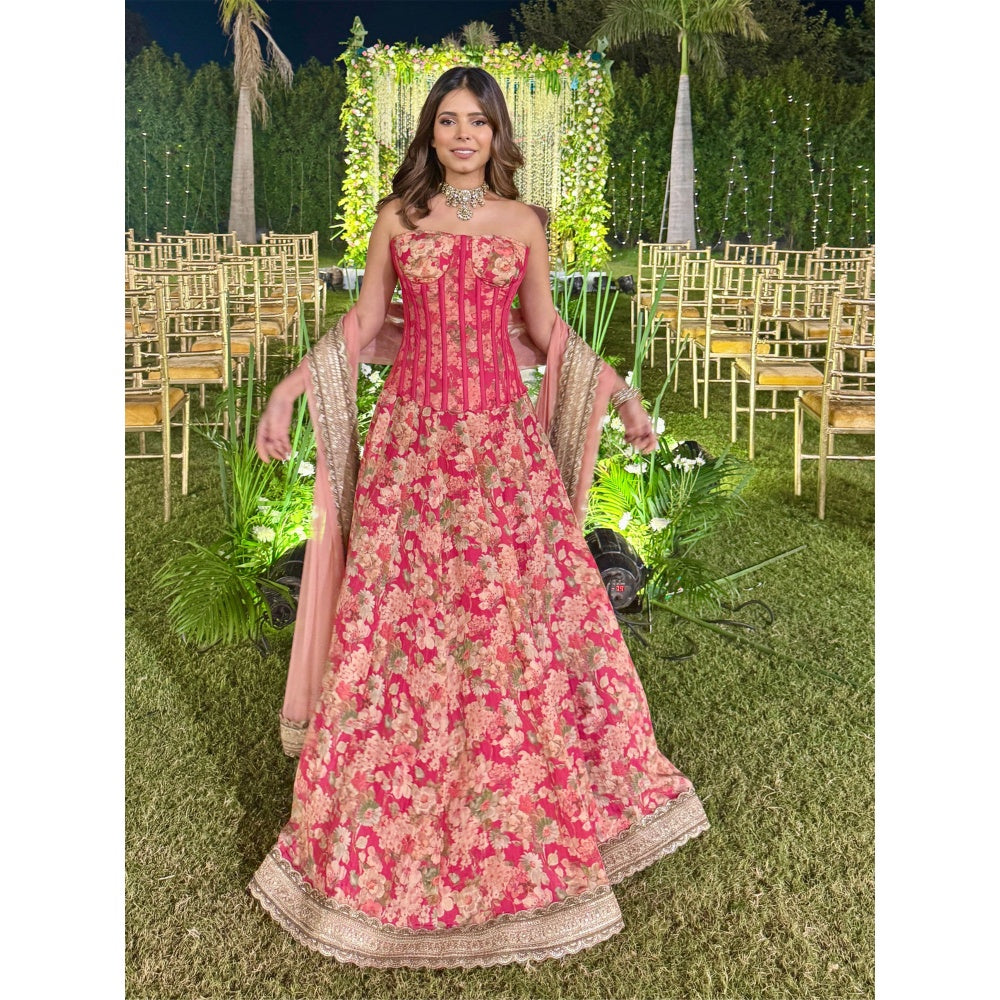 Old Marigold Iktida Scarlett Tissue Corset Style Blouse with Lehenga and Dupatta (Set of 3)