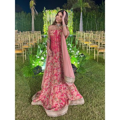 Old Marigold Iktida Scarlett Tissue Corset Style Blouse with Lehenga and Dupatta (Set of 3)