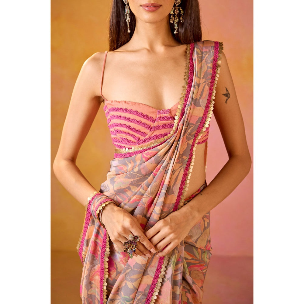 Old Marigold Pai Peach & Hot Pink Applique Tie Up Stitched Blouse