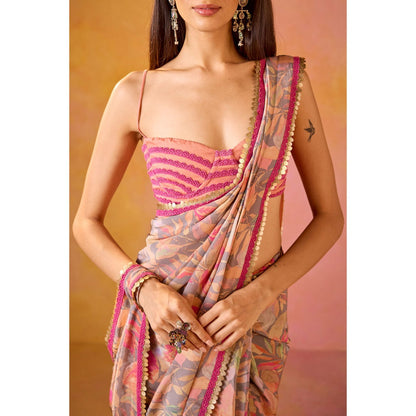 Old Marigold Pai Peach & Hot Pink Applique Tie Up Stitched Blouse